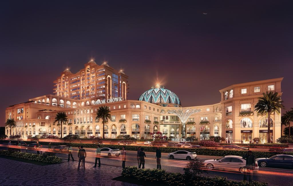 Omaxe Chowk — night view of the domed heritage-bazaar facade, Ludhiana